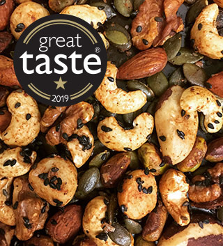 A Great Taste Award winner in 2019. Organic Cashews, Brazils, Macadamia, Almonds, Walnuts & Pistachios, and Pumpkin & Black Sesame Seeds. All mixed together with lightly whipped egg white, dark Muscovado sugar, flaky seasalt, cumin, Ras el Hanout, sweet Pimenton & chilli flakes. Gently baked in the oven until crunchy and golden. All ingredients gluten free and dairy free