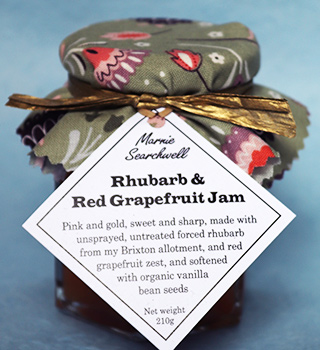 Rhubarb & Red Grapefruit Jam: Made with forced rhubarb from my Brixton allotment and red grapefruit and spiced with vanilla. Finished with a fabulous fabric topper tied with paper ribbon 