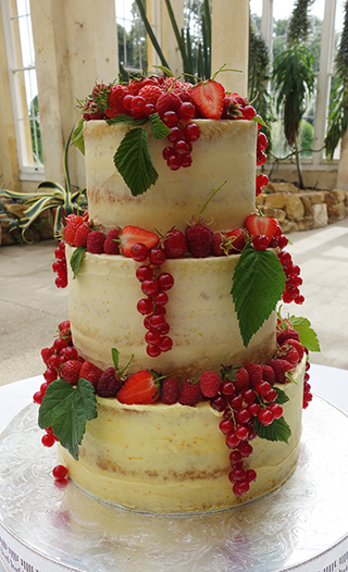 Gluten-free midsummer wedding cake in the Great Conservatory at Syon Park. Two tiers of zingy Lemon Cake, and one of zesty Orange Cake. Semi-nude, filled and frosted with zesty buttercream. All the ingredients in this wedding cake are organic and gluten free. Decorated with fresh redcurrants, strawberries and raspberries, and raspberry and blackcurrant leaves